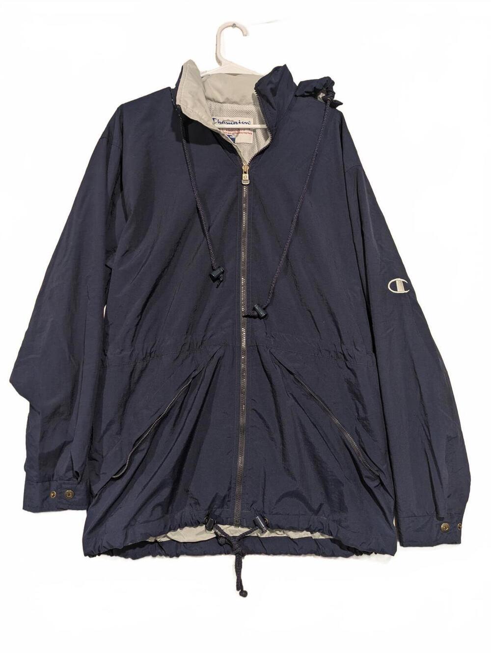 Champion Navy Blue Lightweight Windbreaker Jacket Nylon Mens Medium Rolled Hood